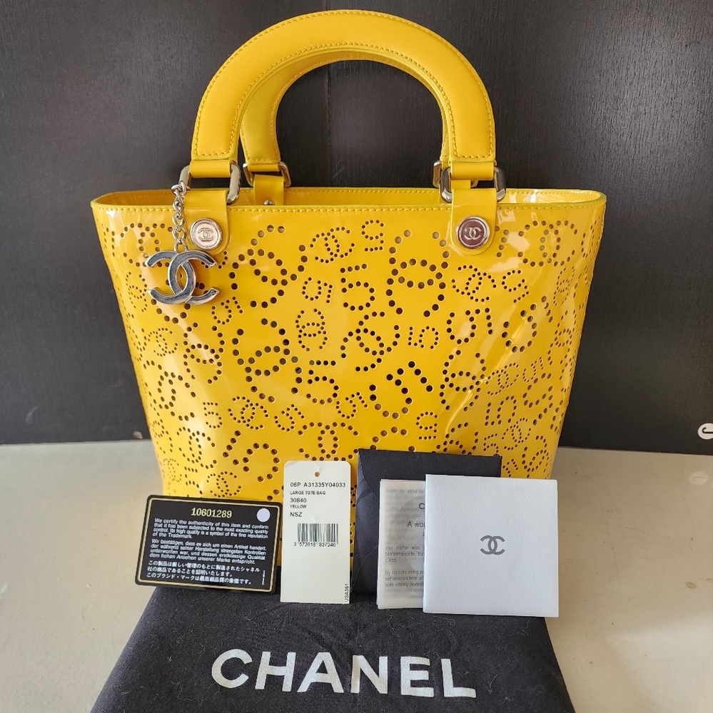 CHANEL Yellow Perforated Leather Tote Bag